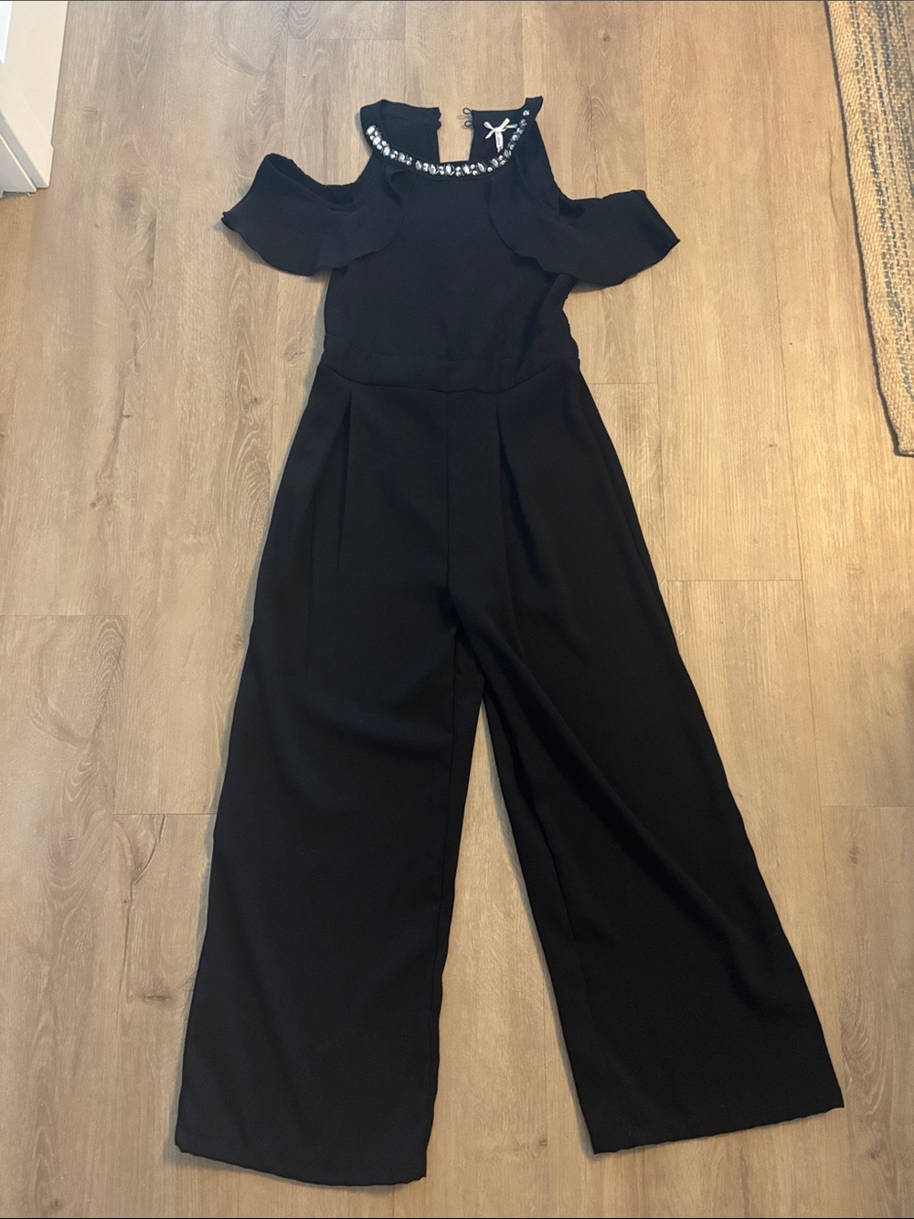 Girls' Black Ruffled Halter Jumpsuit with Embellished Neck
